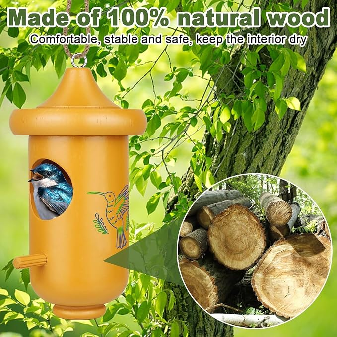 Hummingbird House for Outside Hanging, Garden Window Decorative Wooden Humming Bird Nest 3 Pack Blue Yellow Purple, Hummingbird Gifts for Garden Lovers, Great Home Decoration