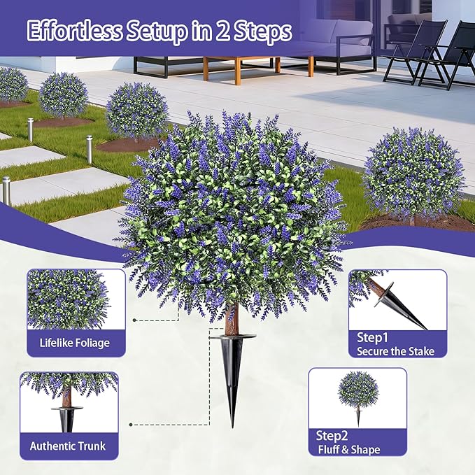 Artificial Lavender Topiary Ball Trees, Set of 2 UV Resistant Fake Evergreen Shrubs Bushes Plants with Ground Spike, 18" Fake Plants for Outdoor Indoor Front Porch Garden