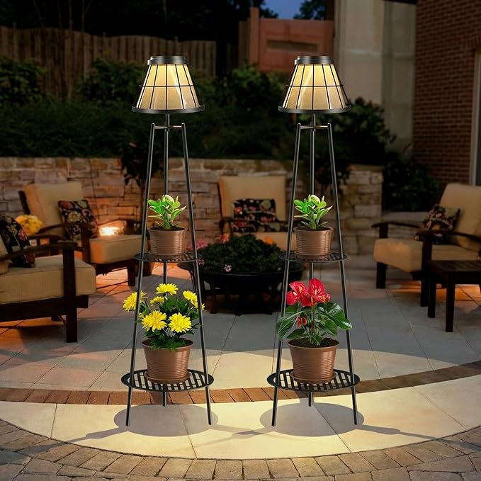 2 Pack Solar Lights with Plant Stands, 45.4'' Waterproof Outdoor Metal Solar Floor Lamps for Patio Deck Yard Pathway Porch Garden