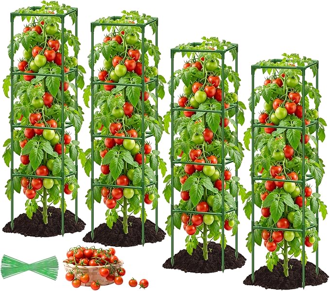 4 Pack Square Tomato Cages for Garden, 60 Inch Adjustable Tomato Stakes, Metal Tomato Trellis, Garden Plant Support for Potted Climbing Plants, Vegetables Flowers Fruits, Raised Garden Bed