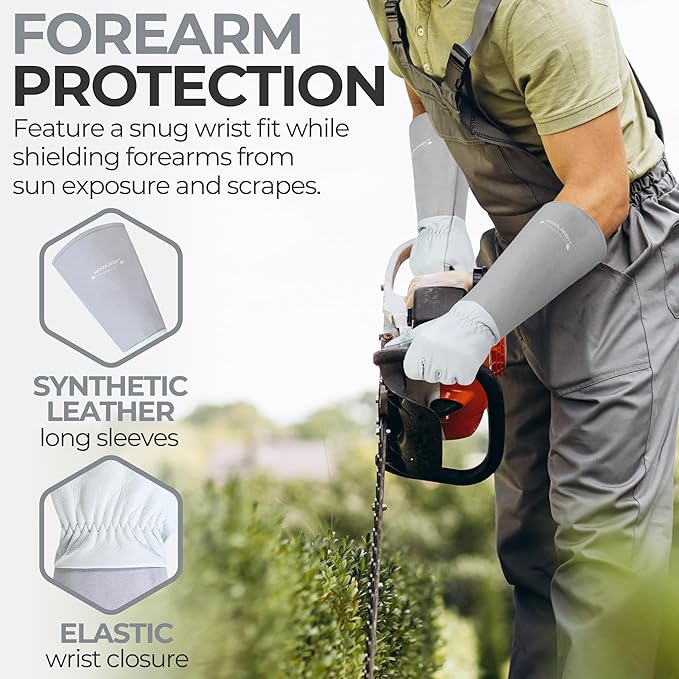 HANDLANDY Long Gardening Gloves for Men & Women, Thorn Proof Rose Pruning Gloves Leather Gauntlets Garden Glove Yard Work Glove (Silver Gray, Small)