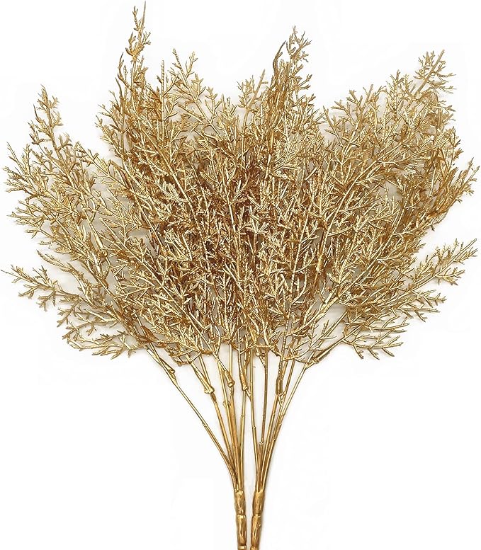 PASYOU Fake Plants Golden Antlers Flowers Decoration for Christmas, Artificial Grass Plastic Faux Outdoor Indoor Home Garden Party Room Bedroom Office Wedding Table Centerpiece DIY Decor, Gold 2 Pack