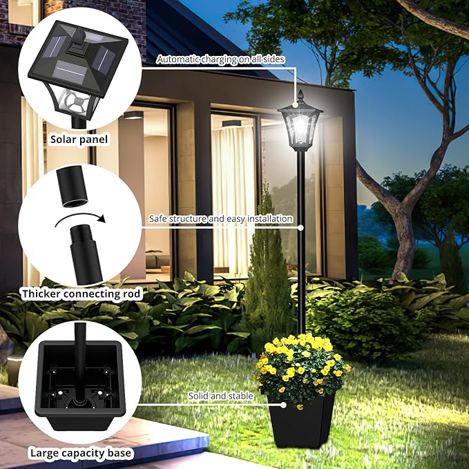 64 Inch Solar Lamp Post Light with Planter, 60 High Lumen Street Light, Solar Post Lights Waterproof for Pathway, Garden, Driveway, Lawn, Front Back Door Outside Pole Lamp 6000K