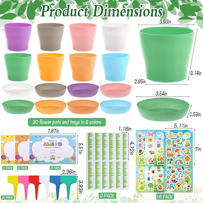 30 Pack Garden Paper Pot Craft Kit, Durable Resin Garden Pot with Tray Drainage Holes Adhesive Stickers Certificate of Award with Tag, Flower Plant Spring Craft for Classroom Home DIY Flower Planting