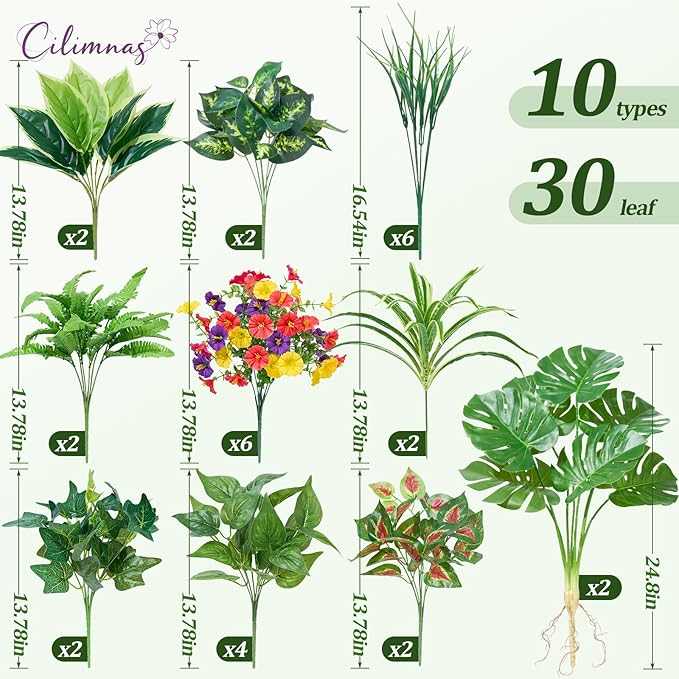 Artificial Plants Outdoor,30PCS UV Resistant Fake Greenery&Flowers with Stems Faux Plant Outside for Front Proch Garden Patio Planters Window Boxes Home Decor(Not Included Planter)
