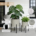 ARNIS Modern Plant Pots, Large Planters with Stand, Set of 2 Decorative Planters, Metal Pots with Drainage Holes for Living Room, Office, Garden or Balcony, 10.5 &12.25 Inch, Grey