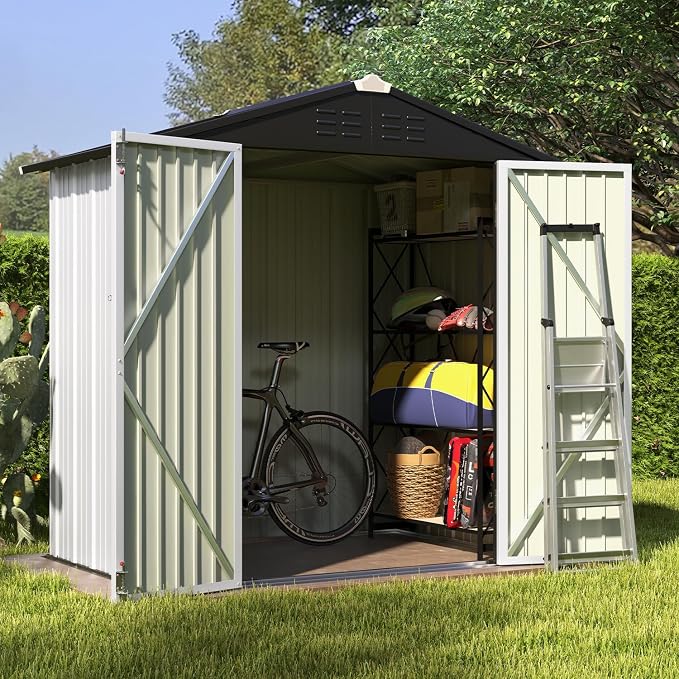 Patiowell 6x4 FT Outdoor Storage Shed, Garden Tool Storage Shed with Sloping Roof and Double Lockable Door, Outdoor Shed for Garden Backyard Patio Lawn,White