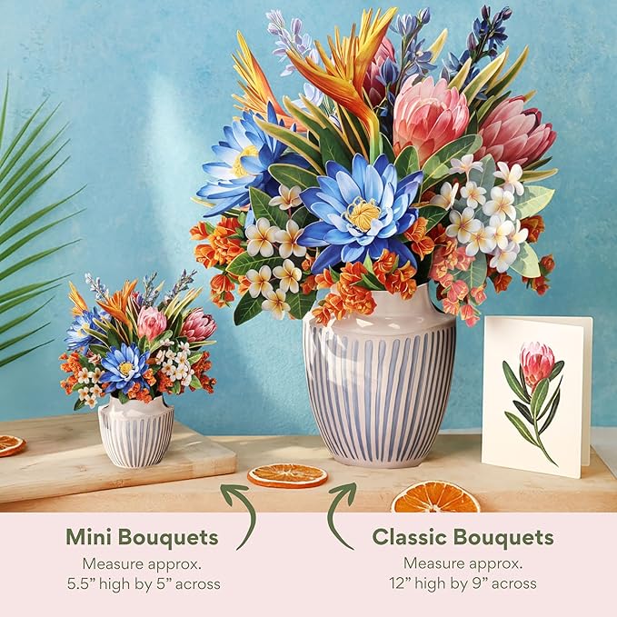 Freshcut Paper Mini Tropical Paradise Pop Up Cards, 6 Inch Mini Sized Forever Flower Bouquet 3D Popup Greeting Card, Birthday Cards, Valentine's Day Card, Blank Notecard & Envelope