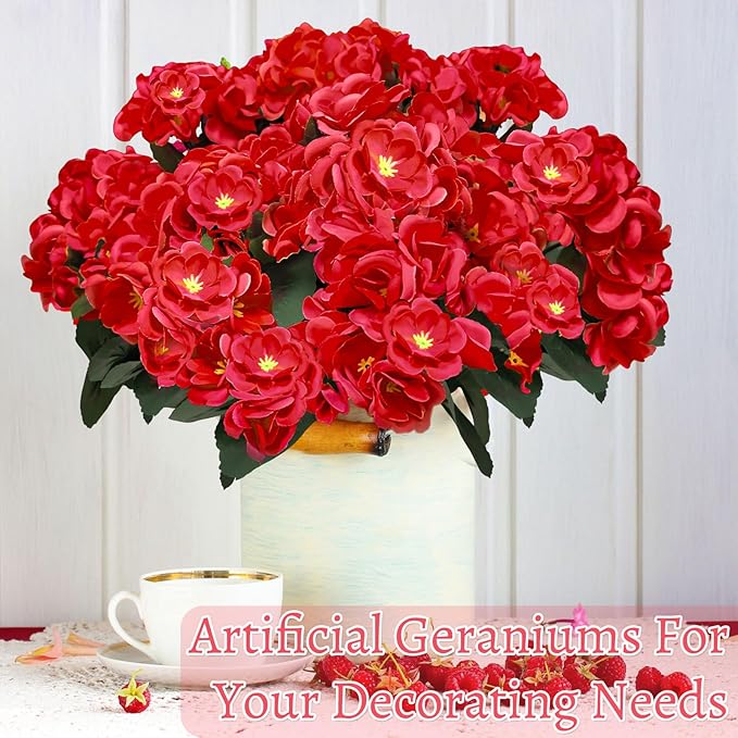Artificial Geraniums Flowers for Outdoors Mother's Day Derby Day Decor, 4 Bundles Fake Flowers Silk Red Flowers UV Resistant No Fade Faux Plants for Garden Planter Patio Indoor Cemetery Summer Decor