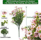 20 Bundles Artificial Flowers for Outdoors, UV Resistant Fake Plants Flowers Greenery Shrubs Plants for Decoration Outside Plants Hanging Planter Home Garden Decor (Pink)