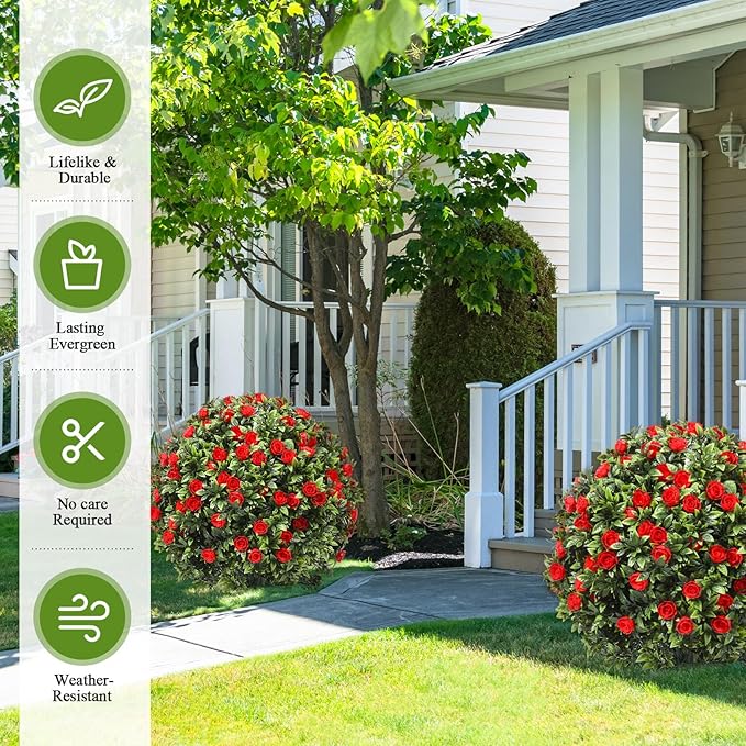 Lunmon 2 Pack 24" Artificial Topiary Ball Plants Trees with Flowers, Outdoor Fake Topiary Plants with Ground Spike, UV Resistant Faux Bushes for Indoor Outdoor Front Door Decor(Red,Rose)