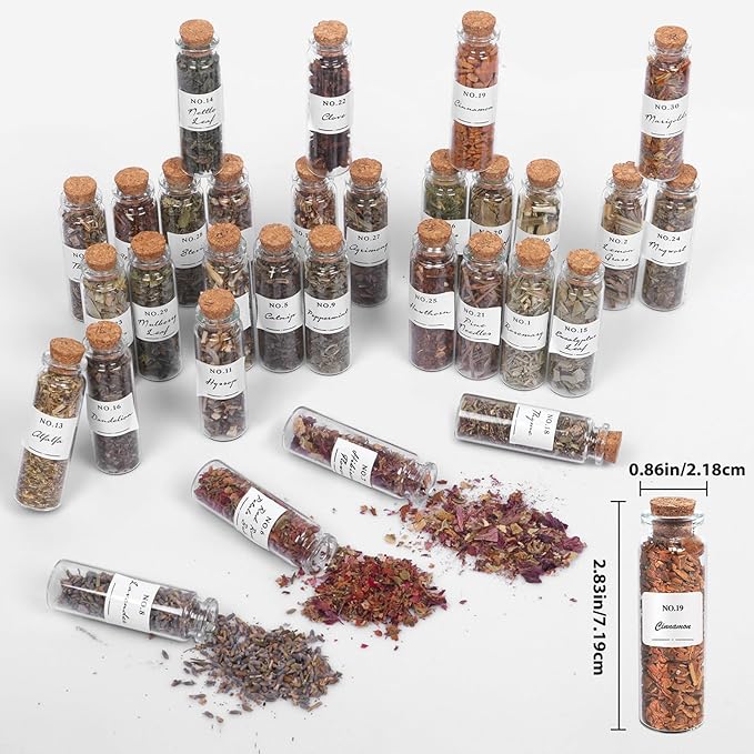 Witchcraft Supplies Herbs - 45 Bottles Dried Herbs Kit for Beginners - Altar Supplies Healing Herbal Natural Herbs Crystal Spoon for Wicca, Pagan Magic Spells and Bath