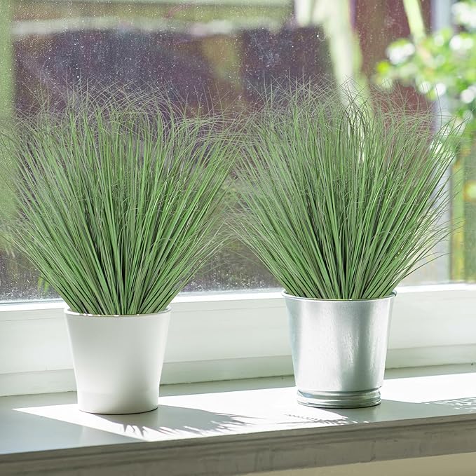 14 Bundles Artificial Plants Onion Grass Outdoor 20 Inch Tall Fake Shrubs Wheat Grass UV Resistant Greenery Stems Faux Bushes Plant for Indoor Outdoor Garden Office Home Decor, Light Green