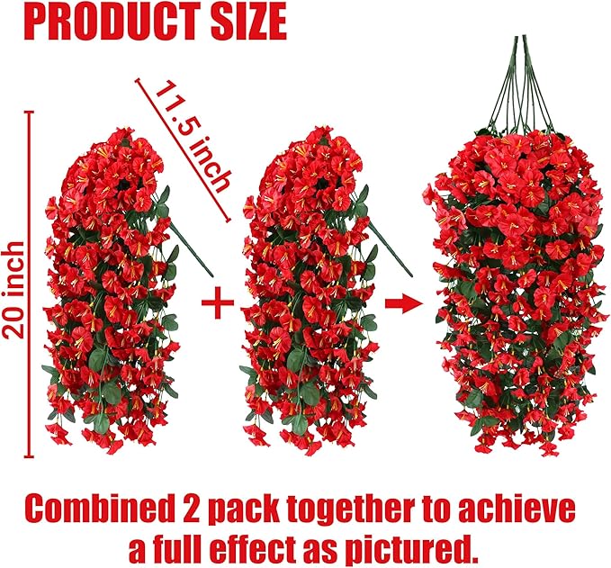 Sggvecsy Artificial Fake Hanging Flowers Plants for Outdoor Outside Spring Summer Decoration 4PCS Faux Silk UV Resistant Realistic Morning Glory Trailing Vines for Home Porch Patio Balcony(Red)