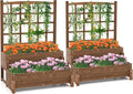 2 Pieces Raised Garden Bed with Trellis, 2-Tier Wooden Elevated Planter Box with Legs, Hemp Rope & Drainage Holes, Raised Plant Bed for Backyard, Garden, Lawn