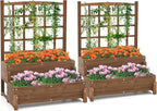 2 Pieces Raised Garden Bed with Trellis, 2-Tier Wooden Elevated Planter Box with Legs, Hemp Rope & Drainage Holes, Raised Plant Bed for Backyard, Garden, Lawn