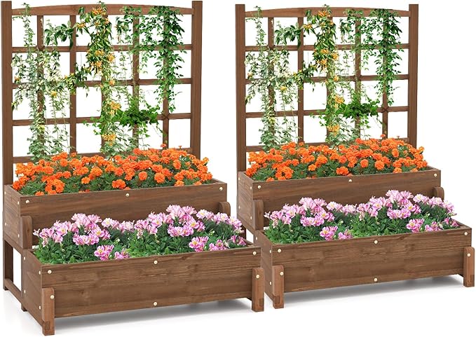 2 Pieces Raised Garden Bed with Trellis, 2-Tier Wooden Elevated Planter Box with Legs, Hemp Rope & Drainage Holes, Raised Plant Bed for Backyard, Garden, Lawn