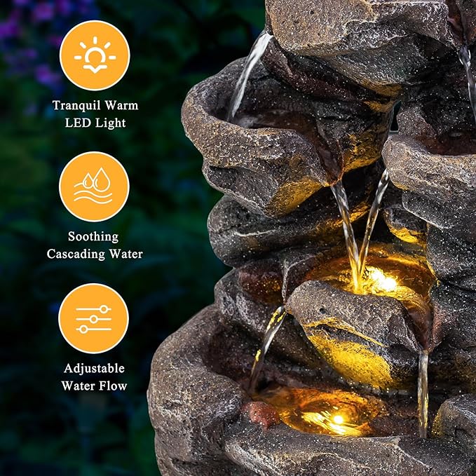 Solarbloom 18.9" H Water Fountain Outdoor/Indoor, 4-Tier Spiral Cascading Stacked Garden Fountain with LED Lights, Resin Waterfall Feature for Patio, Garden, Backyard, Deck, Home Decor