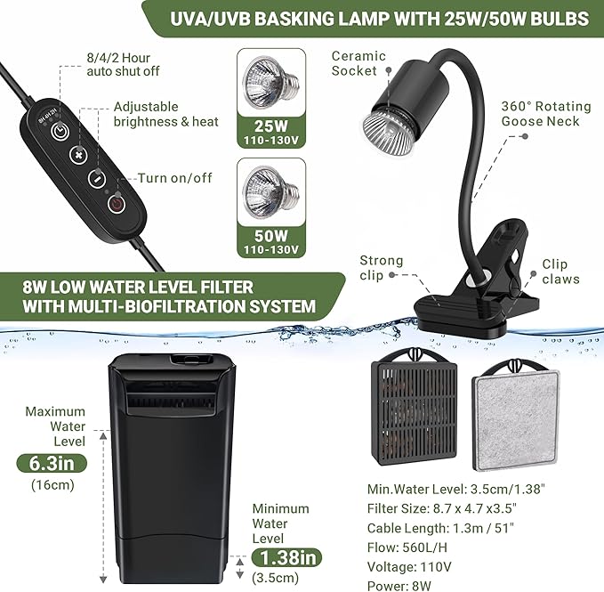 GOZILLA Turtle Tank Kit(Tank+Lamp+Filter), Upgrade PC Turtle Tank Starter Kit with Adjustable Lamp & Filter, Reptile Hideout Habitat with Lid for Small Reptiles.(19.68× 9.52× 9.44''/Large-Black-Kit)