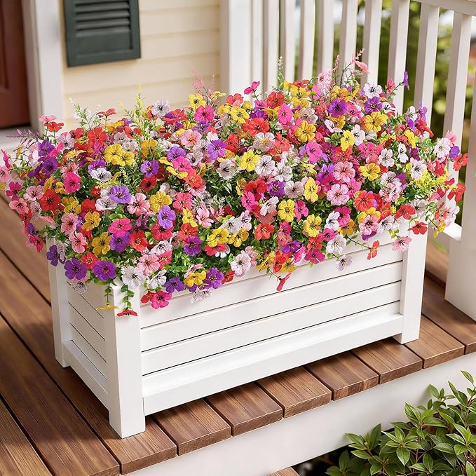 SHareconn 24 Bundles Artificial Flowers for Outdoors, Faux Plants Fake Silk Colorful Daisy Eucalyptus Lavender, UV Resistant for Outside Home Porch Patio Spring Decor, RedRosyPurpleYellowPinkWhite