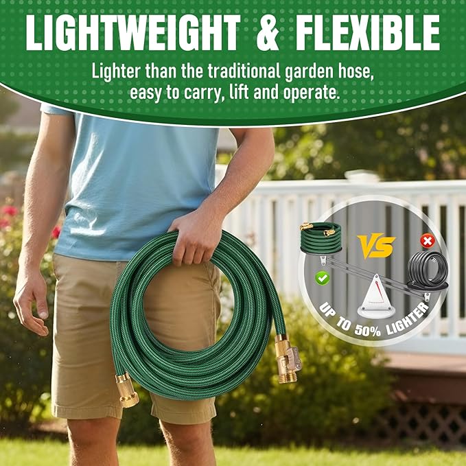 Garden Hose 100 ft NON-EXPANDABLE Water Hose, Flexible & Lightweight Kink Resistant Hybrid Hose, Leak-Proof Heavy Duty, Super Durable Fabric with 3/4" Solid Brass Connectors