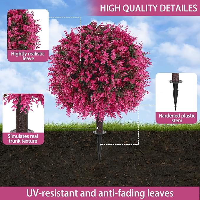 Artificial Pink Eucalyptus Topiary Ball Trees with Ground Spike, Set of 2 UV Resistant Artificial Shrubs, Fake Evergreen Artificial Plant Bushes for Indoor Outdoor Front Porch Garden