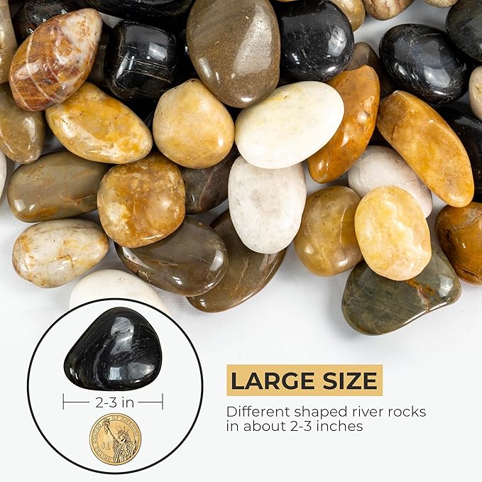 Large River Rocks 20lbs, 2-3 Inch Pebbles for Plants, High Polished Natural Decorative Stones for Aquarium Vase Filler Fish Tank Landscaping Garden, Mixed Color
