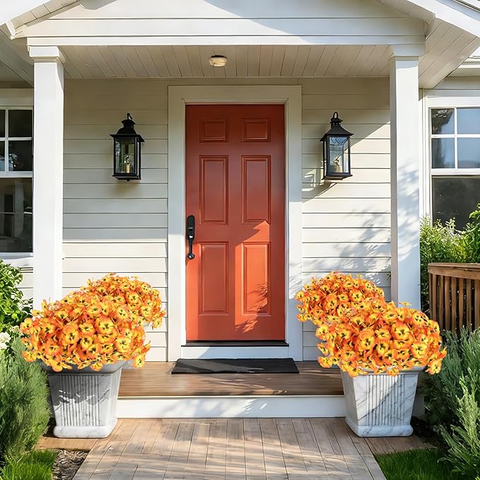 ZAIYW 18 Bundles Artificial Flowers Outdoor Fake Flowers Pansies Faux Artificial Plants for Planter Porch Yard Home Decor (Orange Yellow)