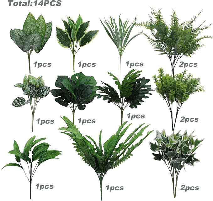 Green Moon 14 Bundles Artificial Plants Outdoor, Faux Plants Outside UV Resistant Fake Greenery Shrubs for Home Planter Garden Patio Front Porch Yard Decor