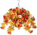 Ammyoo Artificial Fake Fall Flowers with Hanging Basket Plants for Outdoor Decoration, Silk Faux Flower UV Resistant Petunias for Home Porch Patio Garden Balcony Yard Decor Real Looking(Orange White)