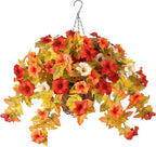 Ammyoo Artificial Fake Fall Flowers with Hanging Basket Plants for Outdoor Decoration, Silk Faux Flower UV Resistant Petunias for Home Porch Patio Garden Balcony Yard Decor Real Looking(Orange White)
