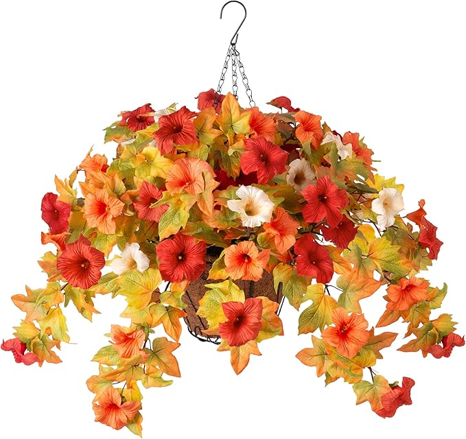 Ammyoo Artificial Fake Fall Flowers with Hanging Basket Plants for Outdoor Decoration, Silk Faux Flower UV Resistant Petunias for Home Porch Patio Garden Balcony Yard Decor Real Looking(Orange White)