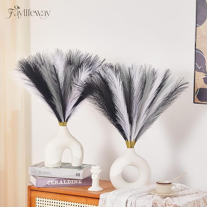 50pcs Pampas Grass 17in, Black and White Pampas Grass Artificial Fluffy Vase Filler Flower Arrangement for Home Party Living Room Decor(Black & Grey & White)
