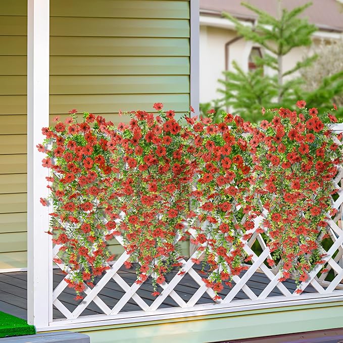 Artificial Hanging Flowers Plants for Outdoor Spring Summer Decoration, 2PCS Faux Silk Daisy UV Resistant Look Real for Outside Home Indoor Planter Porch Garden Yard Decor(Red)