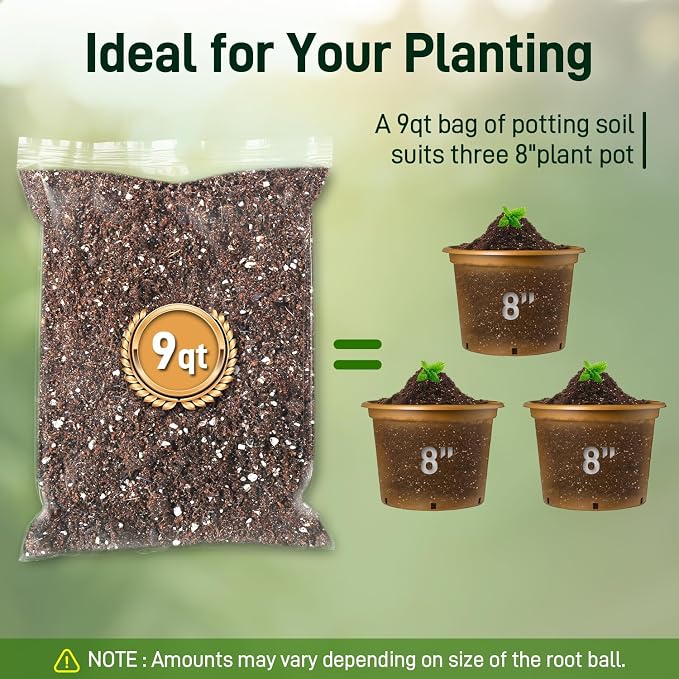 9QT Potting Soil Mix for Indoor Plants - Contains Perlite, Peat Moss, Coco Coir & Rice Charcoal, Natural & Organic Material with Well-Draining, Light & Aerated Texture for Healthy Roots & Fast Growth