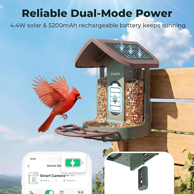 Kiwibit Solar Smart Bird Feeder with Camera No Subscription, AI Bird Species Identification, 4K UHD Live Video & 8MP Photos, Wireless Outdoor Wild Bird Watching Gifts for Bird Lovers, Brown