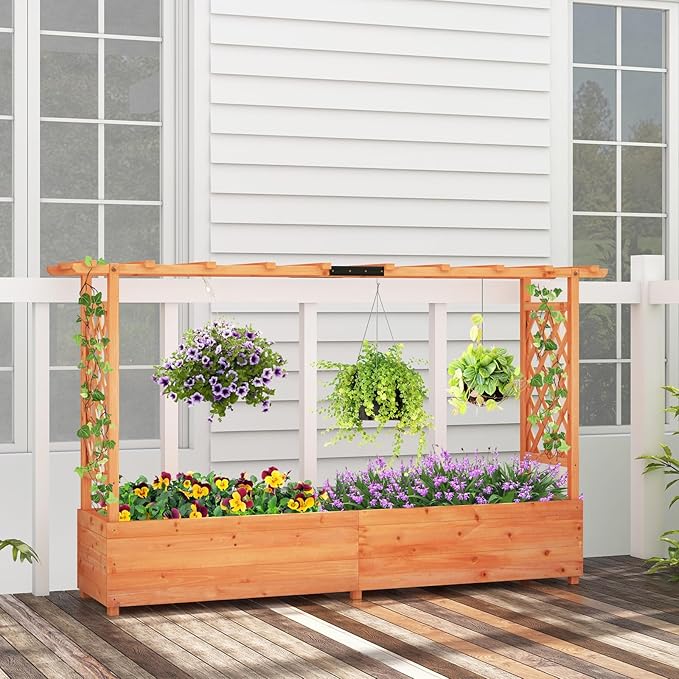 HAPPYGRILL Raised Garden Bed with Trellis, 2 Pack Freestanding Wood Planter Box w/Hanging Roof & 8 Drainage Holes for Vine Climbing Plants Flowers, Outdoor Planter with Trellis for Garden Patio Yard