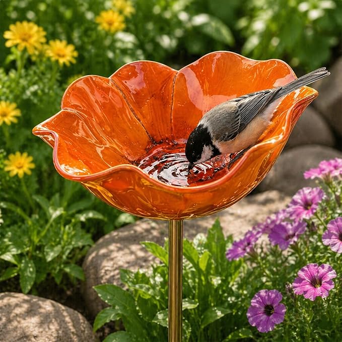 Handmade Metal Flower Garden Stake Metal, Decorative Bird Bath and Bee Watering Station with Flower Design for Outdoor Yard Garden Decor (Orange)
