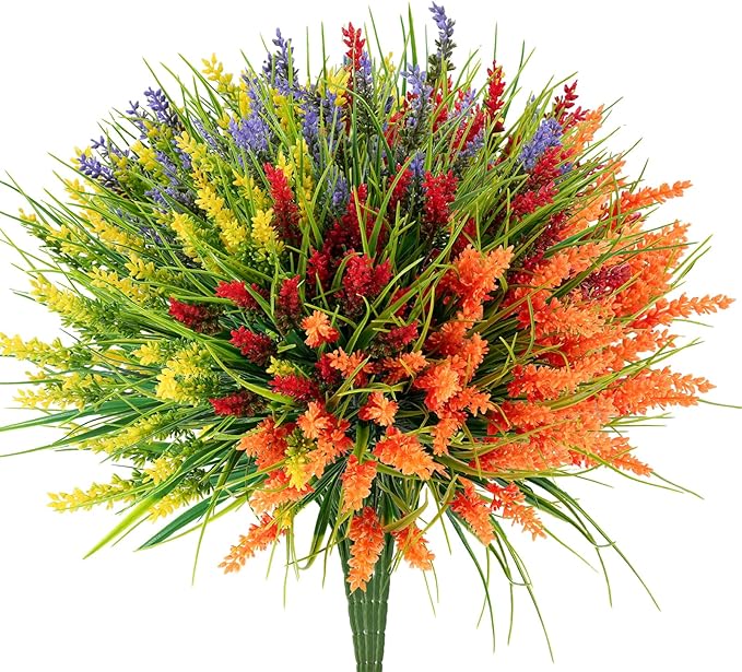 20 Bundles Artificial Plants Outdoor, UV Resistant Fake Flowers, Realistic Faux Lavender Shrubs for Porch Garden Window Box Home Decoration (Yellow Lightpurple Red Orange)