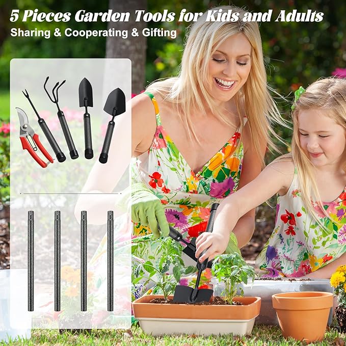 Garden Tool Set with Extended Long Handle, 5 Pieces Stainless Steel Gardening Tool Kit, Gifts for Parents and Kids Including Trowels, Hand rake, Weeder, Pruning Shears for Weeding Planting