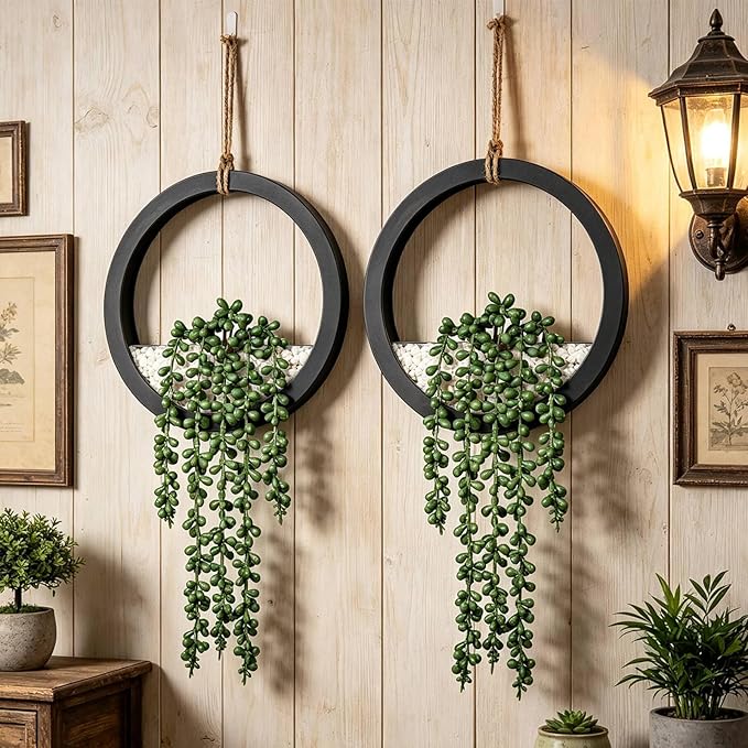 Boho Wall Decor, 2Pcs Fake Hanging Plants Artificial Succulents, Indoor Hanging Planter Greenery Decor, Perfect for Bathroom Living Room Bedroom Office Washroom, Faux Succulent Wall Floating Plants
