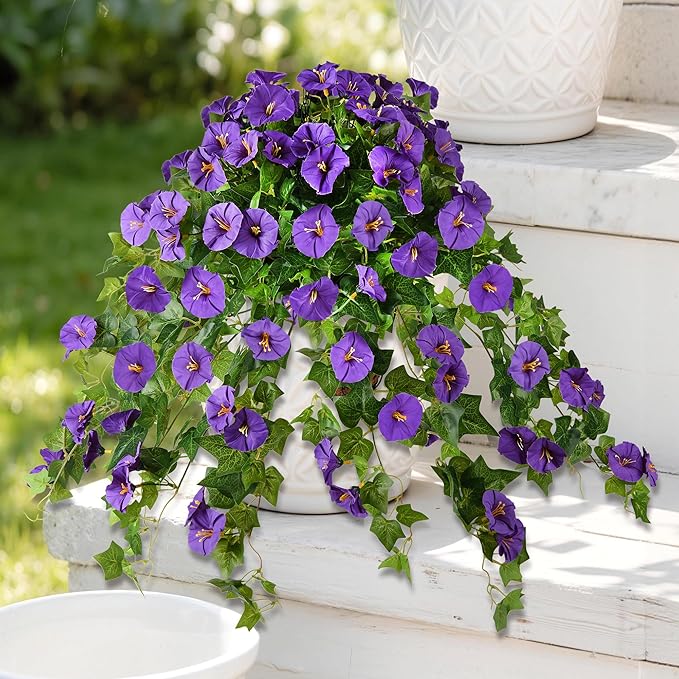Homsunny Artificial Fake Flowers Plants for Outdoor Decoration, 2PCS Faux Petunias Silk Flower UV Resistant No Fade for Home Outside Garden Balcony Yard Porch Realistic Indoor Decor (Purple)