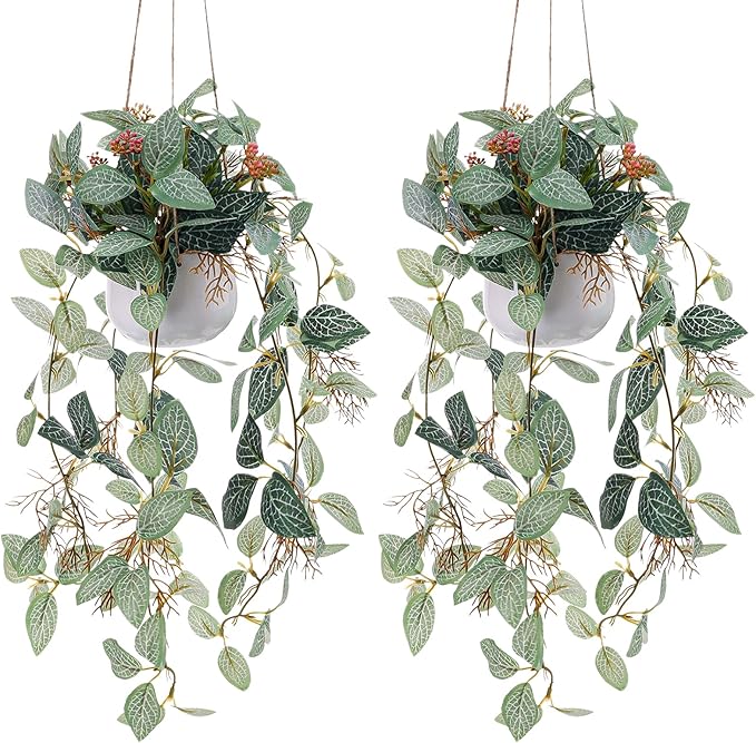 2pcs Small Artificial Hanging Plants Fake Hanging Plant with Pot Plants Indoor Decor Faux Greenery Hanging Vines Potted for Bedroom Shelf Outdoor Garden Decoration