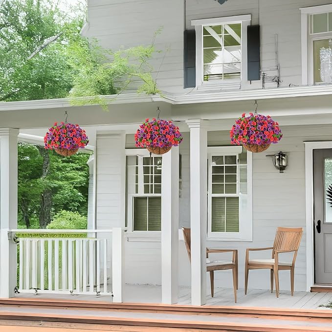 Homsunny Artificial Fake Hanging Flowers with Basket for Outdoors, Faux Silk Petunias Flower Spring Summer Decor UV Resistant Look Real Outside Patio Front Porch Decorations