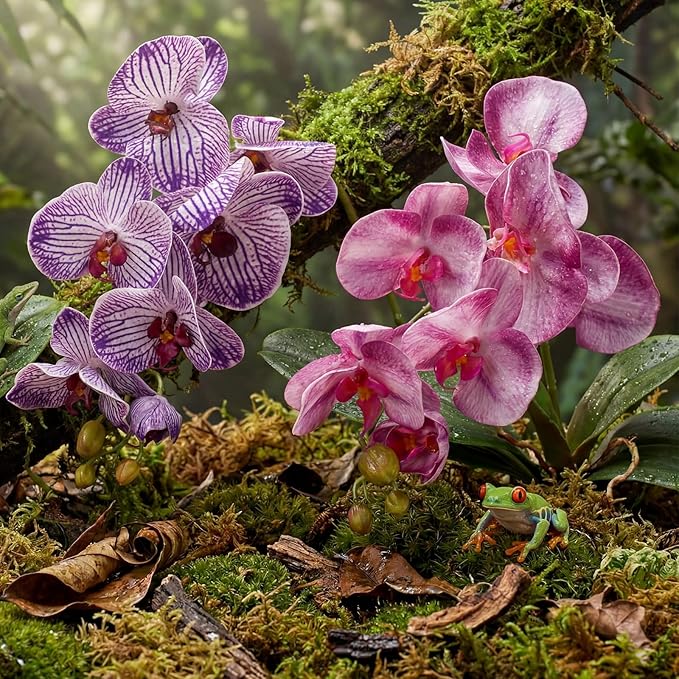 Chuangdi 2 Pcs Artificial Phalaenopsis with Suction Cups Terrarium Plant Decoration Reptile Habitat Plant Decor for Hermit Crab Lizards Geckos Snake(Jelly Purple,Lilac Purple,Fresh)