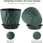Meowell 7 inch Plant Pots for Indoor Outdoor Plants, 5 Pack Thick Flower Pots with Drainage Holes and Saucers, 3D Modern Wave Texture Plastic Planter Nursery Pots, Black with Green Speckles