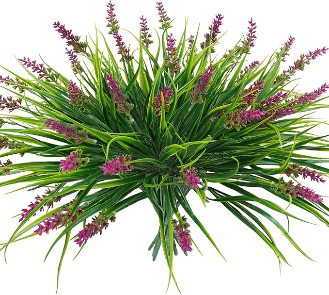 obbsie 12 Bundles Artificial Plants Outdoor, 18.2" UV Resistant Faux Monkey Grass Greenery Stems No Fade Faux Plastic Flowers Shrubs for Home Weddings Garden Porch Front Patio Office Decor - Rose Red