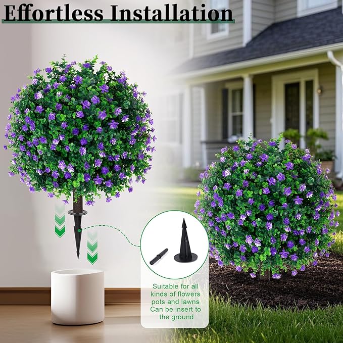 Artificial Purple Flower Boxwood Topiary Ball Trees,2 Set of 16'' UV Resistant Fake Evergreen Shrubs Bushes Plants with Ground Spike, Fake Plants for Outdoor Indoor Front Porch Garden
