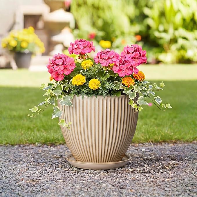 Ceramic Planter, 10 Inch Plant Pot for Large Indoor Plants, Decorative Planters with Drainage Hole and Saucer, Round Flower Pot, Modern Planter, Home Garden Decor, Beige