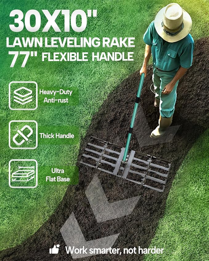 Breeze Touch Lawn Leveling Rake, 30 Inch Yard Lawn Leveling for Soil with 78" Adjustable Steel Handle, Heavy Duty Effort Saving Landscape Lawn Leveler for Yard Garden Soil Sand Dirt Grass